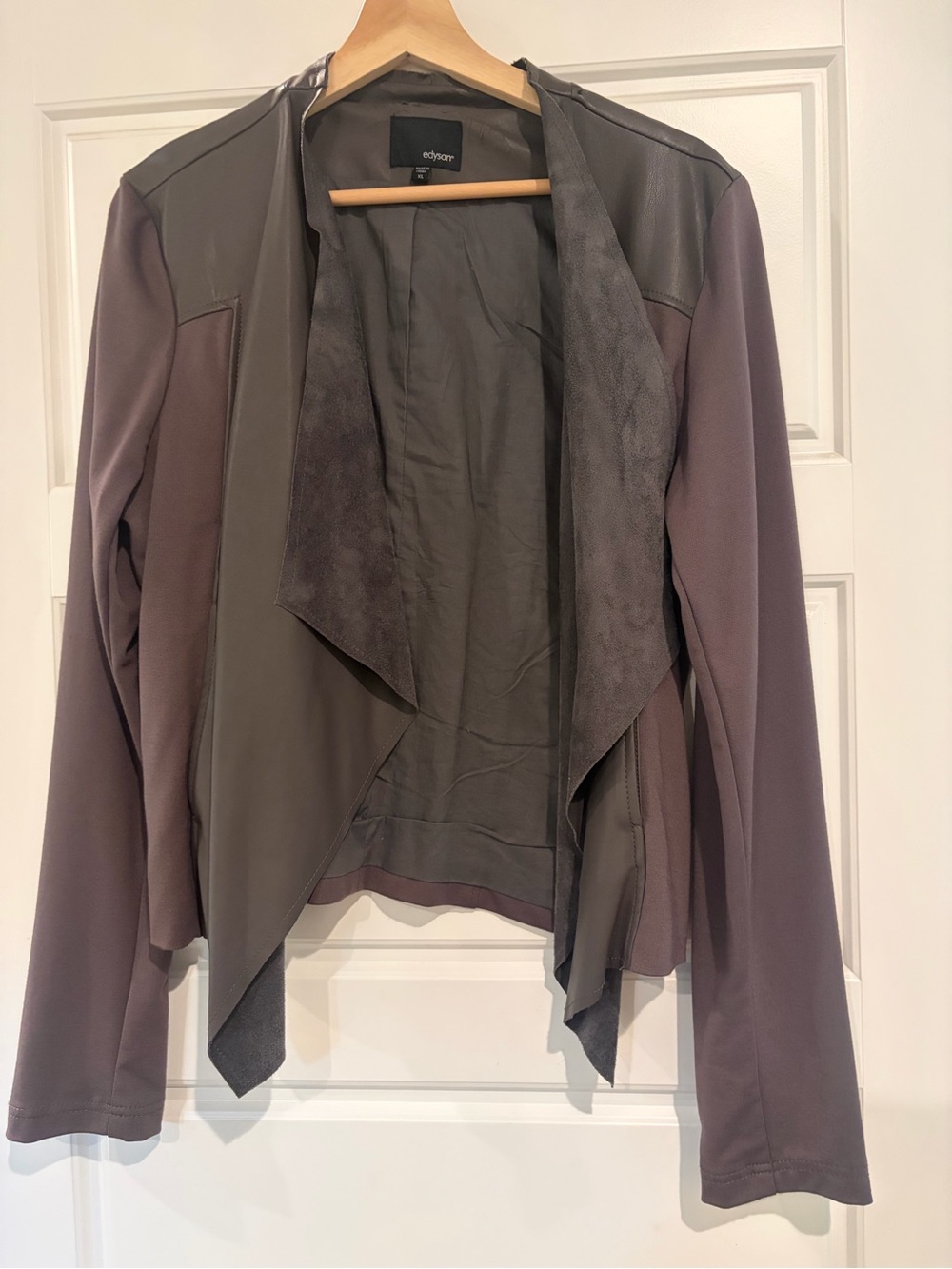 Edyson Draped Open-Front Leather-Trim Jacket in Taupe